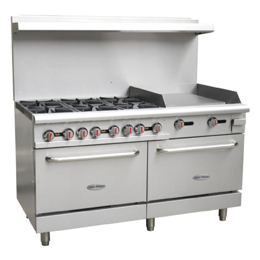 Serv-Ware SGR-6B-24G - Serv-Ware - Gas Cooking - 60" Gas Range With Six (6) Open Burners & 24" Griddle - Natural Gas - Dimensions: 60" W X 32.6" D X 60" H - Temperature Range: 250°F - 550°F - BTU/H: 30,000 Per Burner - # Of Burners: 6 - Gas Line: 3/4 - W.C. For Natural Gas: 4 In. - W.C. For LP: 10 In. - Materials: Stainless Steel Front