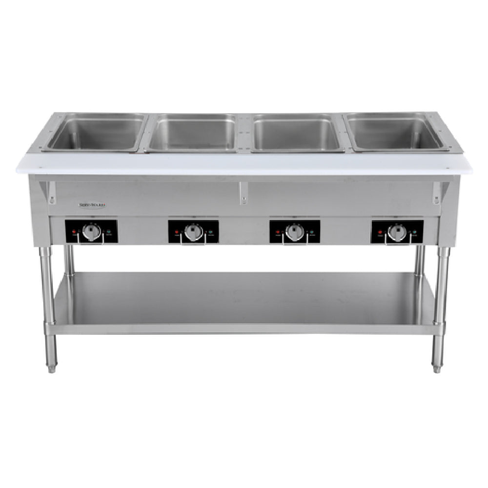 Serv-Ware EST4-1 - Serv-Ware - Electric Cooking - 4 Open Well Electric Steam Table - Dimensions: 58.2" W X 29.5" D X 33.5" H - Temperature Range: 120°F - 200°F - Amps: 17 - Voltage: 115 - Hz: 60 - Phase: 1 - Watts: 2000 - Materials: Stainless Steel Construction - Warranty: 1 Year - Parts