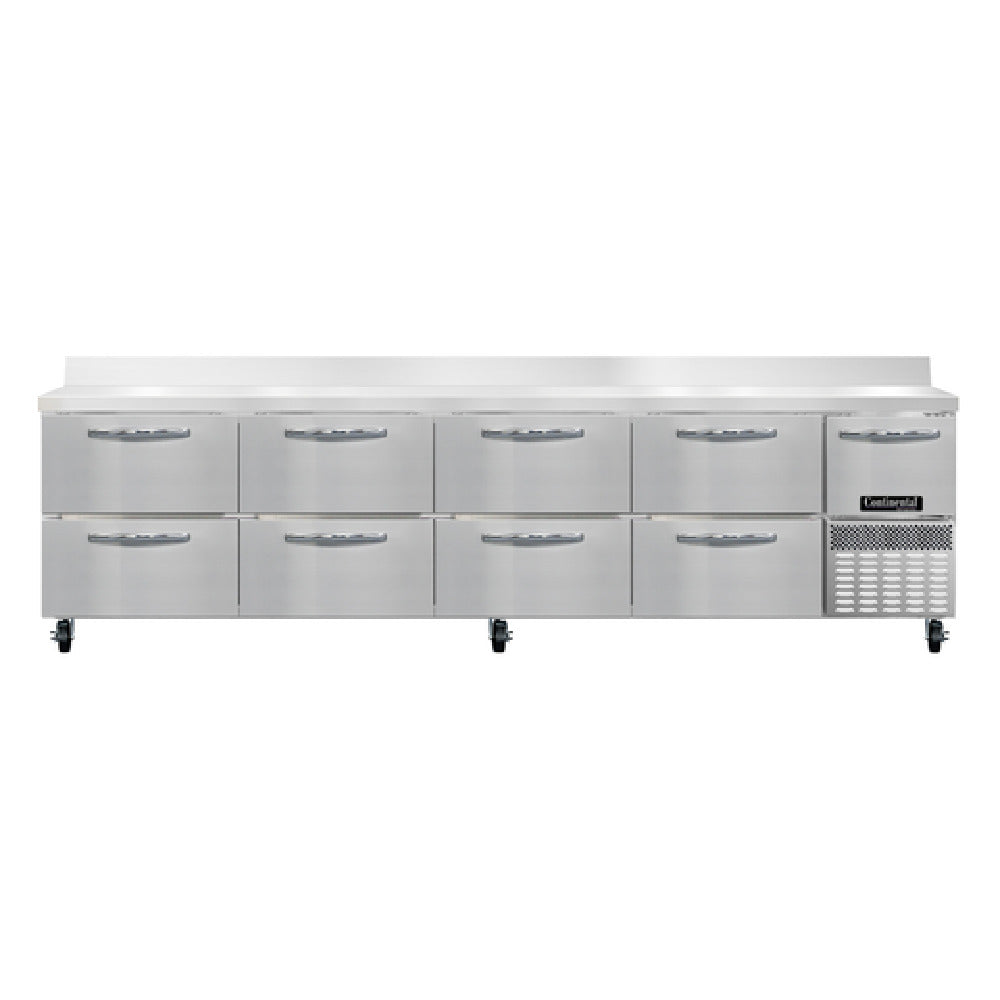 Continental Refrigerator RA118NBS-D Refrigerated Base Worktop Unit 118"W 300 Series Stainless Steel Work Top With 6"H Backsplash