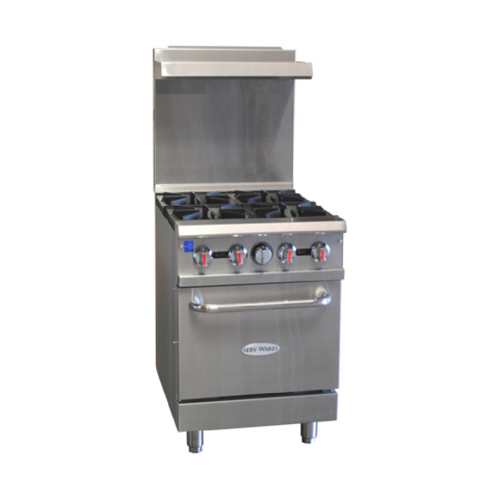Serv-Ware SGR-4B - Serv-Ware - Gas Cooking - 24" Gas Range With Four (4) Open Burners - Dimensions: 24" W X 32.6" D X 60" H - Temperature Range: 250°F - 550°F - BTU/H: 30,000 Per Burner - # Of Burners: 4 - Gas Line: 3/4 - W.C. For Natural Gas: 4 In. - W.C. For LP: 10 In. - Materials: Stainless Steel Front