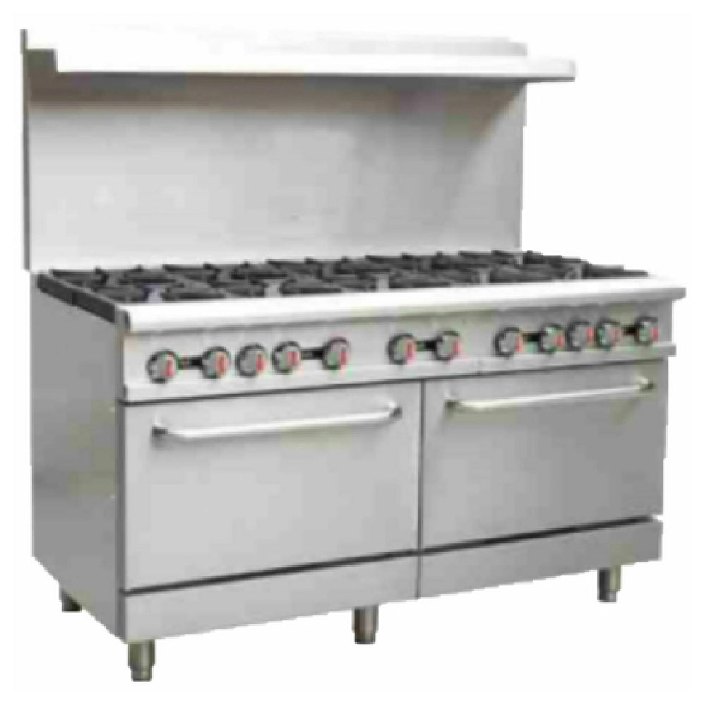 Serv-Ware SGR-10B - Serv-Ware - Gas Cooking - 60" Gas Range With Ten (10) Open Burners - Dimensions: 60" W X 32.6" D X 60" H - Temperature Range: 250°F - 550°F - BTU/H: 30,000 Per Burner - # Of Burners: 10 - Gas Line: 3/4 - W.C. For Natural Gas: 4 In. - W.C. For LP: 10 In. - Materials: Stainless Steel Front