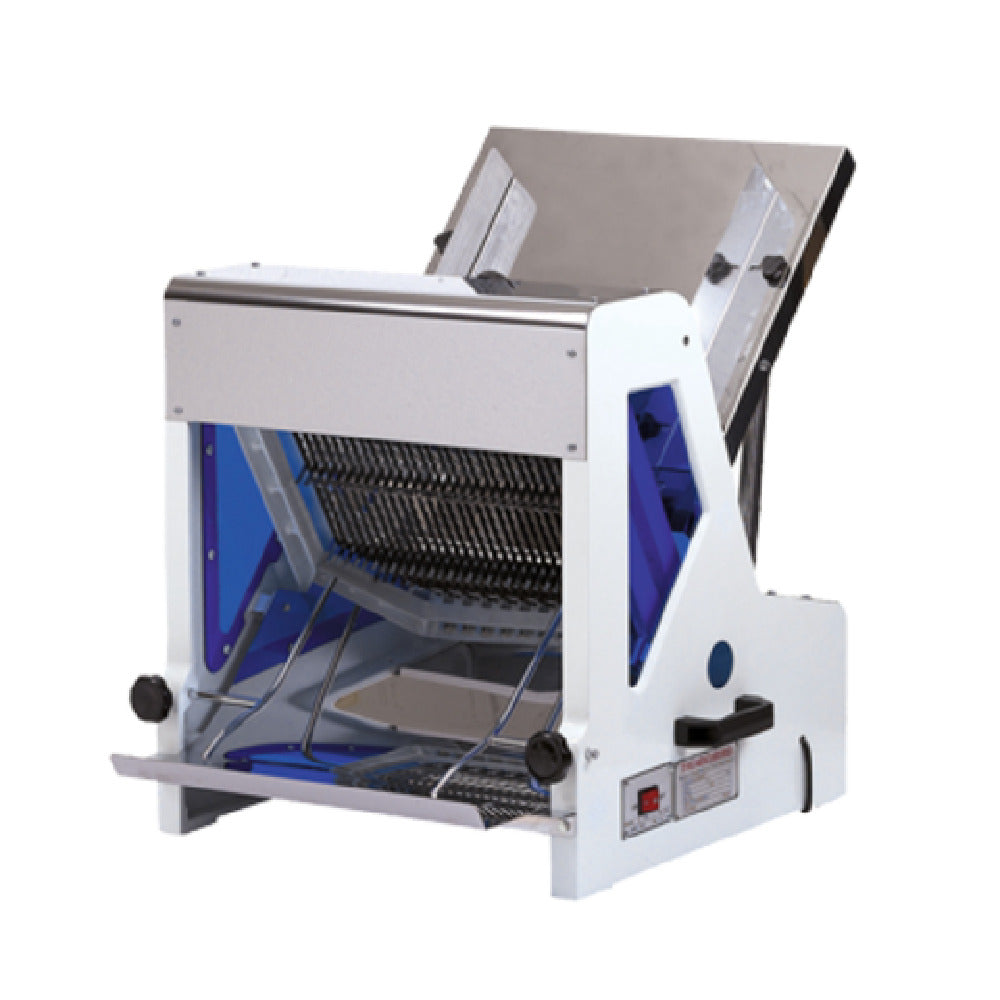 Thunderbird ARM-07 Bread Slicer Tabletop Gravity Fed With Inclined Chute Into Knives Then Receiving Area To Be Bagged