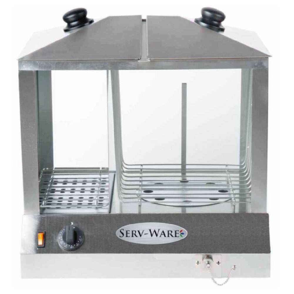 Serv-Ware EHS-02 - Serv-Ware - Electric Cooking - Hot Dog Steamer 200 Hot Dogs/60 Buns - Dimensions: 18.25" W X 14.25" D X 15.75" H - Temperature Range: 85°F - 175°F - Amps: 11 - Voltage: 115 - Hz: 60 - Phase: 1 - Watts: 1300 - Materials: Stainless Steel Construction - Warranty: 6 Months