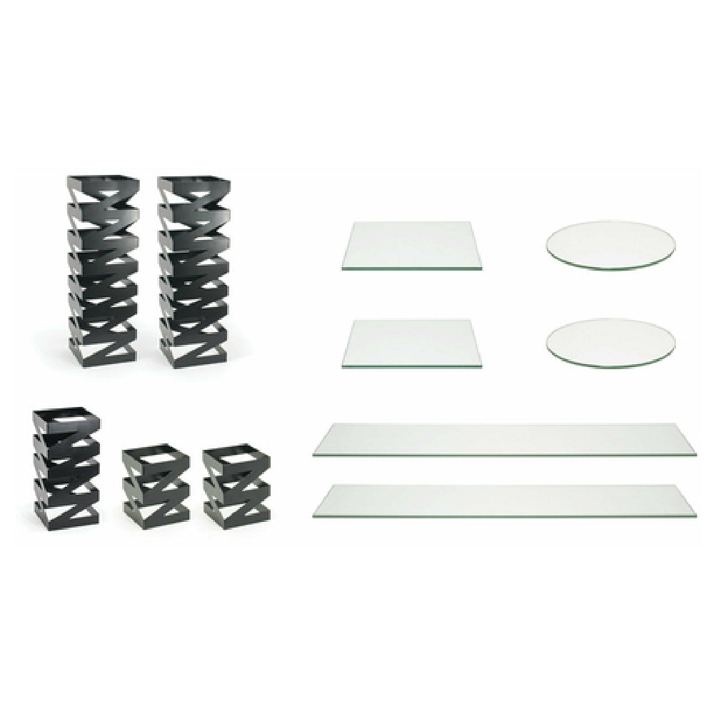 FOH BST019MUM28 Buffet Essentials Zig Zag Clear Glass On Matte Black Includes One BRI006BKI28 Zig Zag Risers Set Of 3 Matte Black