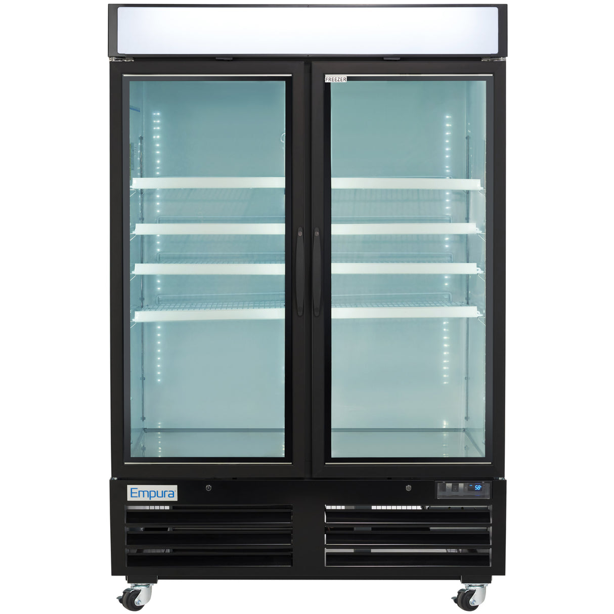 Empura 54" Black Swing Glass 2 Door Merchandiser Freezer with ClearKeeper™ Glass, 43.8 Cu. Ft., LED Lighting, 8 Adjustable Shelves
