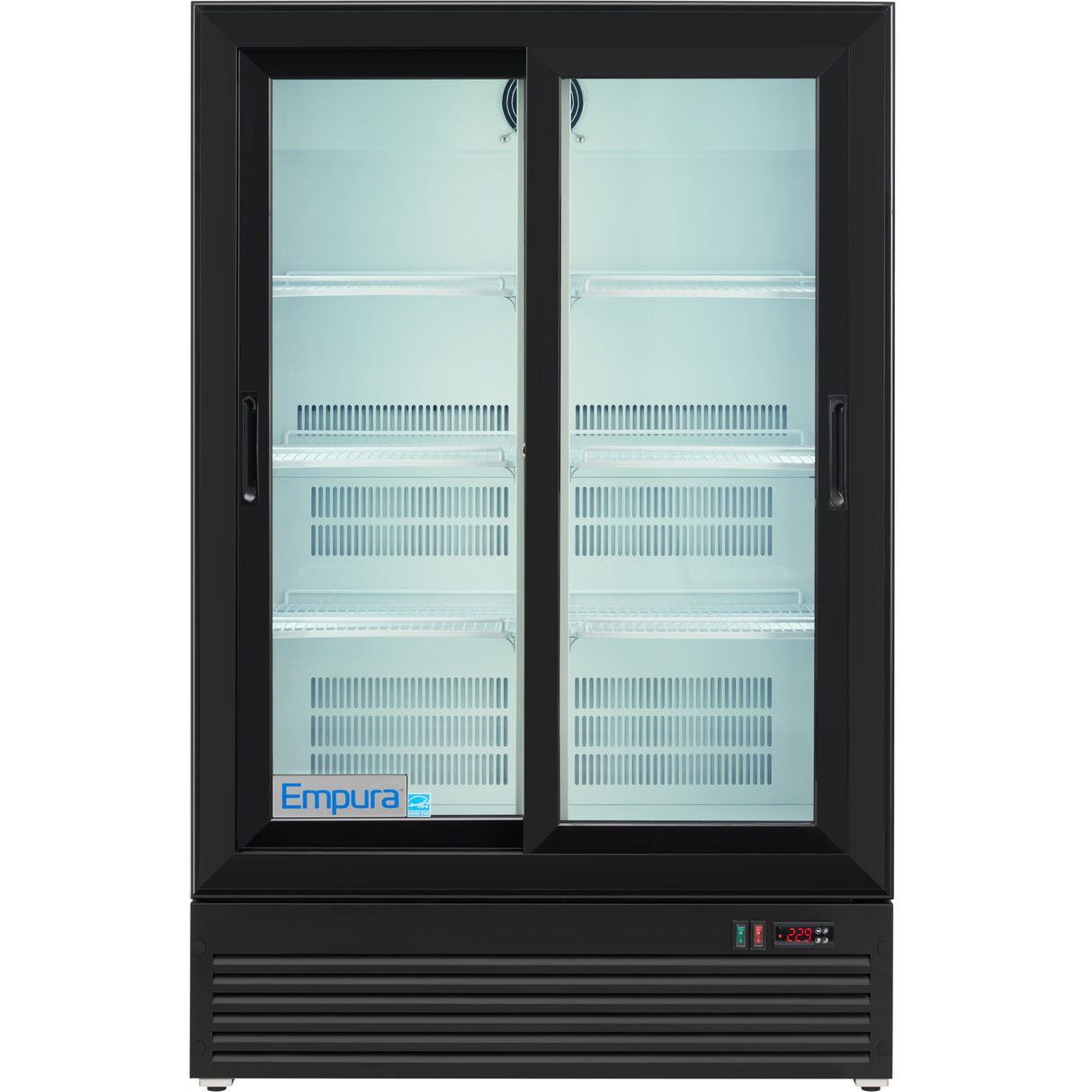 Empura 35" Black Sliding Glass 2 Door Merchandiser Refrigerator with ClearKeeper™ Glass, 10 Cu. Ft., LED Lighting, Self-Closing Doors