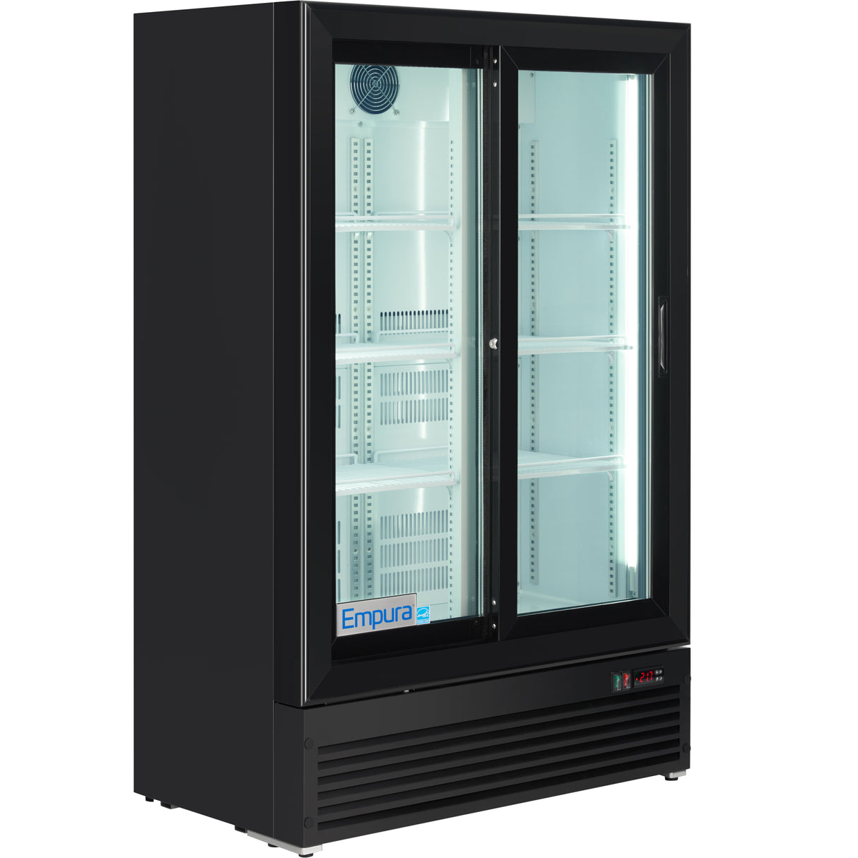 Empura 35" Black Sliding Glass 2 Door Merchandiser Refrigerator with ClearKeeper™ Glass, 10 Cu. Ft., LED Lighting, Self-Closing Doors
