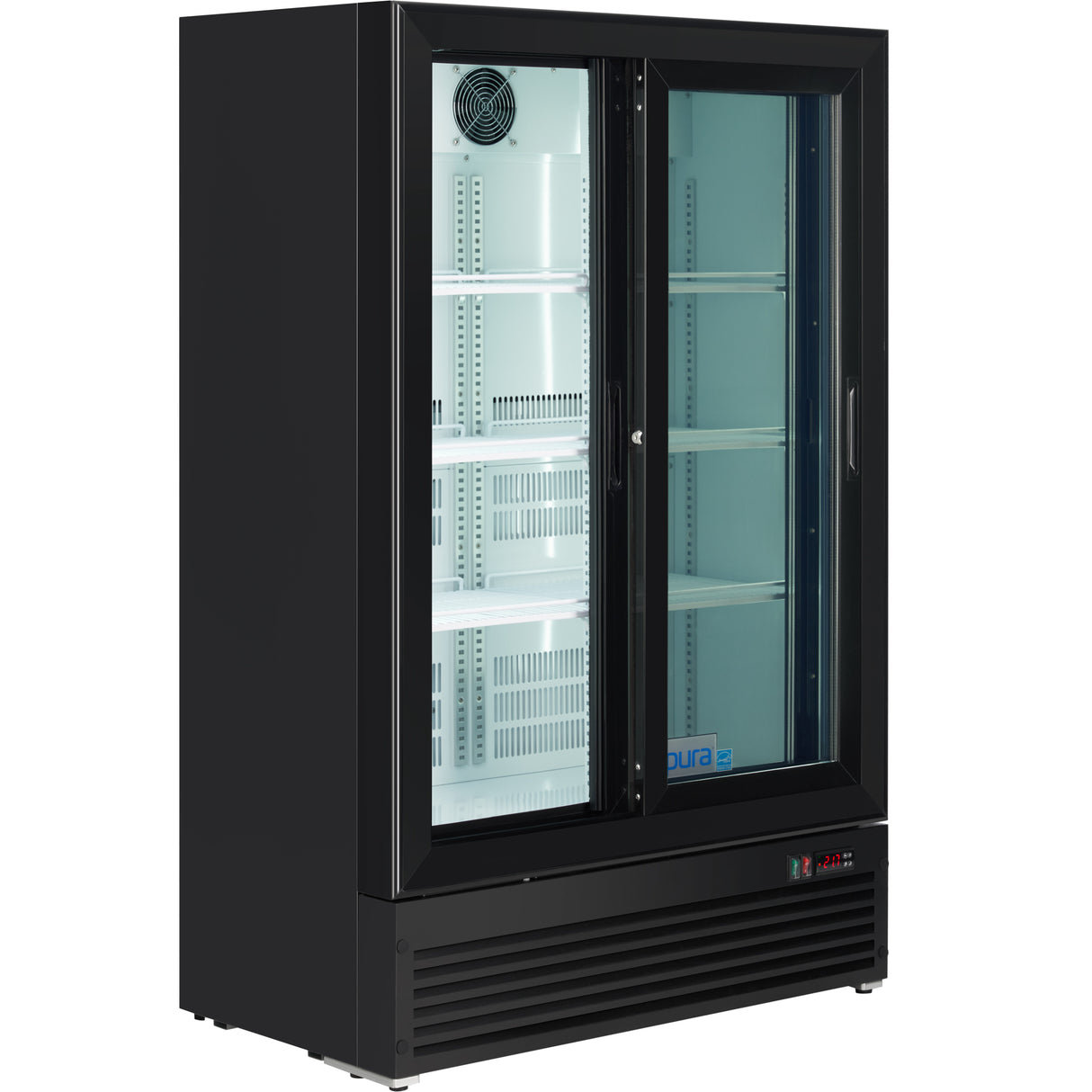 Empura 35" Black Sliding Glass 2 Door Merchandiser Refrigerator with ClearKeeper™ Glass, 10 Cu. Ft., LED Lighting, Self-Closing Doors
