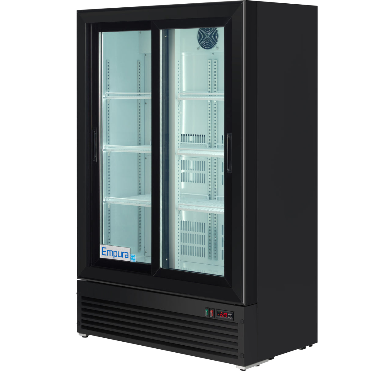 Empura 35" Black Sliding Glass 2 Door Merchandiser Refrigerator with ClearKeeper™ Glass, 10 Cu. Ft., LED Lighting, Self-Closing Doors