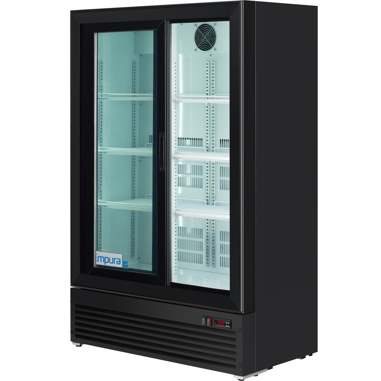 Empura 35" Black Sliding Glass 2 Door Merchandiser Refrigerator with ClearKeeper™ Glass, 10 Cu. Ft., LED Lighting, Self-Closing Doors