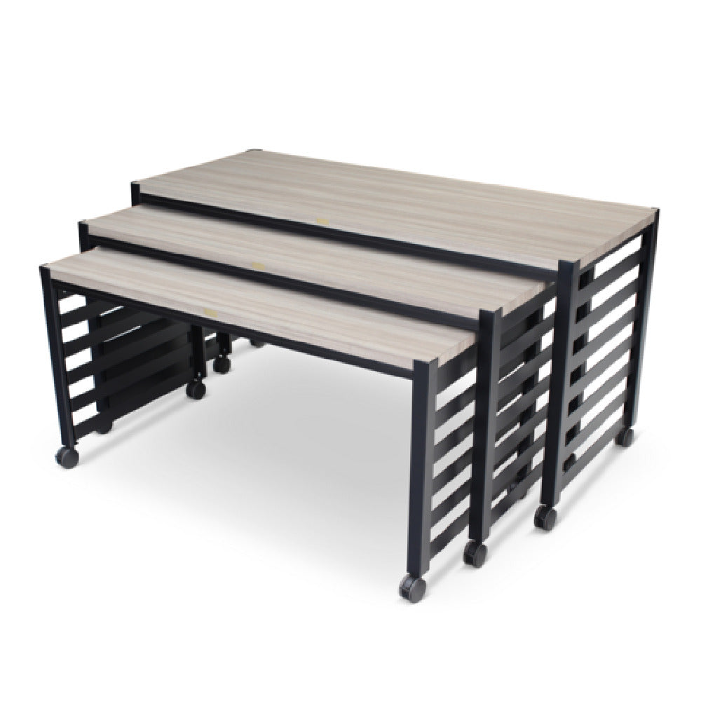 Forbes Industries 7438HD - Fiji Series Nesting Tables (Elite-Heavy Duty), Three Tables (one Large Rectangle Table: 72” X 30" X 36”, One Medium Rectangle Table: 66” X 30 X 33” And One Small Table: 60” X 30" X 30"). Powder Epoxy Painted Steel Frames And INSET Acacia Driftwood Tops