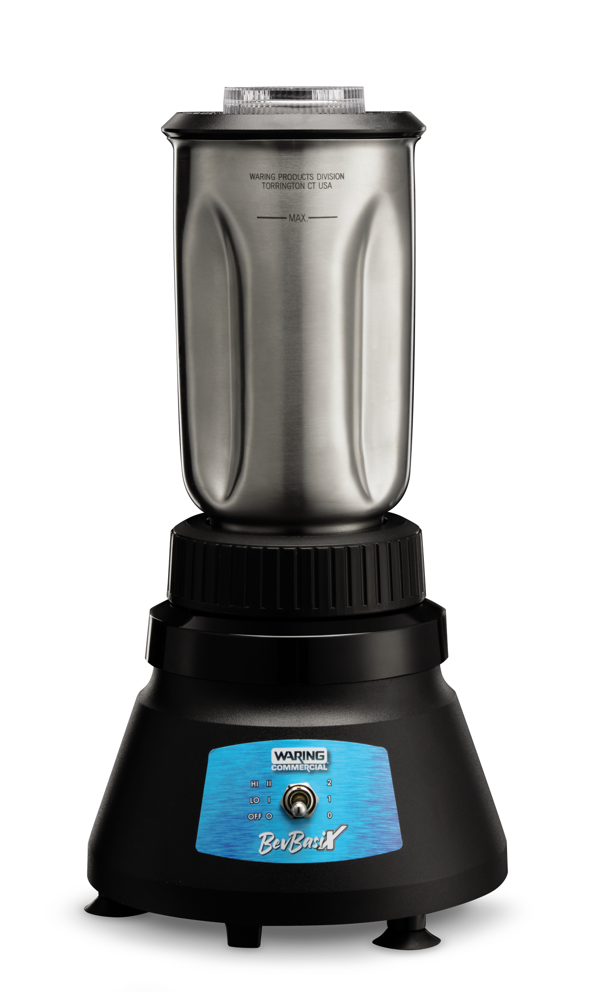 The Waring BB145S BevBasix Bar Blender features a 32 oz. stainless steel container, black base, control dial, and blue BevBasix label, shown isolated on a black background.