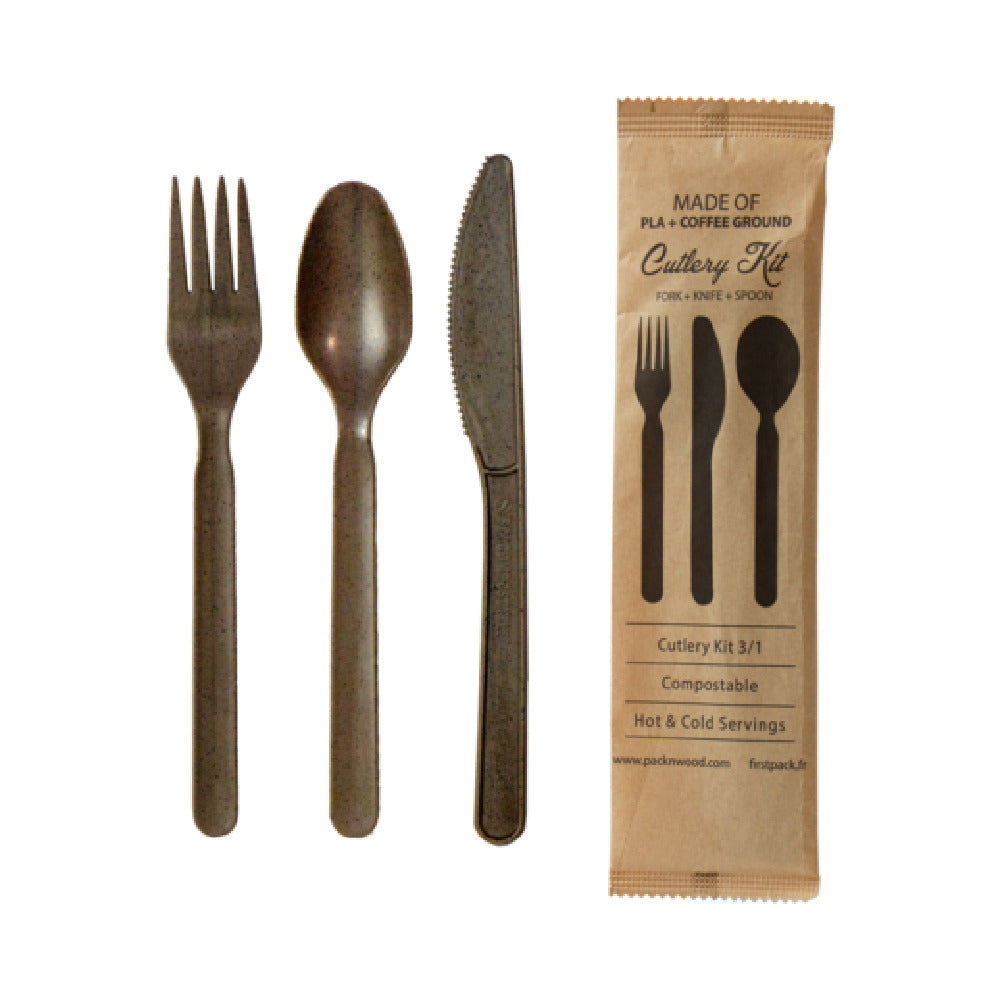 PacknWood 210CVPL317CO - Cutlery Kit With Kraft Bag (Knife, Fork, Spoon), 7"L, Coffee Ground