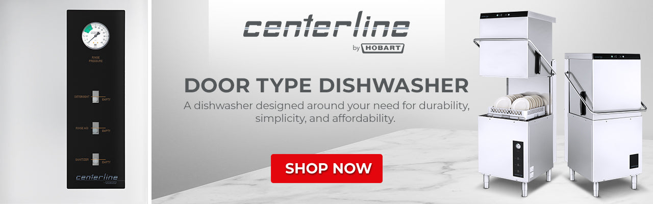 Centerline by Hobart door type dishwasher for durability, simplicity, and affordability with shop now button
