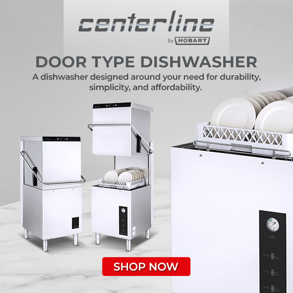 Centerline by Hobart door type dishwasher showcasing durable, simple, and affordable commercial dishwashing equipment with plates on a rack