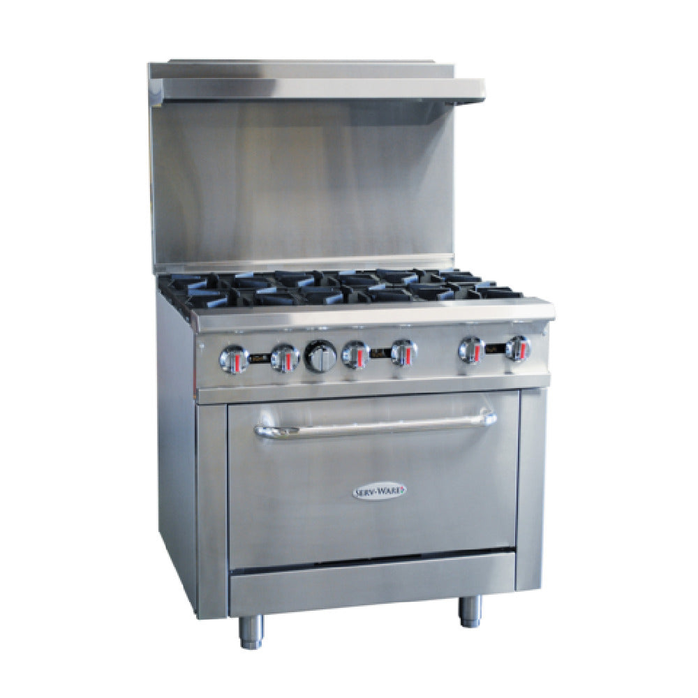 Serv-Ware SGR-6B - Serv-Ware - Gas Cooking - 36" Gas Range With Six (6) Open Burners - Natural Gas - Dimensions: 36" W X 32.6" D X 60" H - Temperature Range: 250°F - 550°F - BTU/H: 30,000 Per Burner - # Of Burners: 6 - Gas Line: 3/4 - W.C. For Natural Gas: 4 In. - W.C. For LP: 10 In. - Materials: Stainless Steel Front
