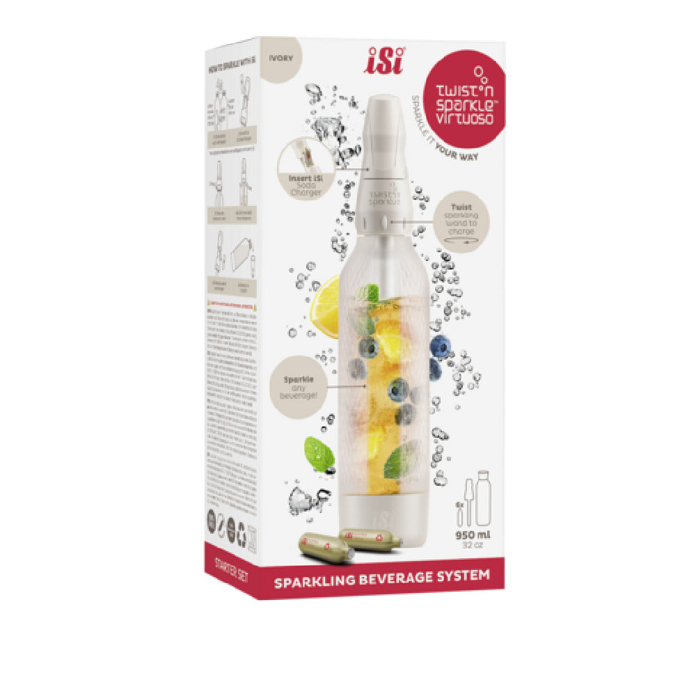 ISi North America 10951001 - ISi® Twist'n Sparkle Virtuoso Set, Ivory, Refillable 1 Liter PET Bottle (BPA And Phthalate-free) In Silicone Sleeve