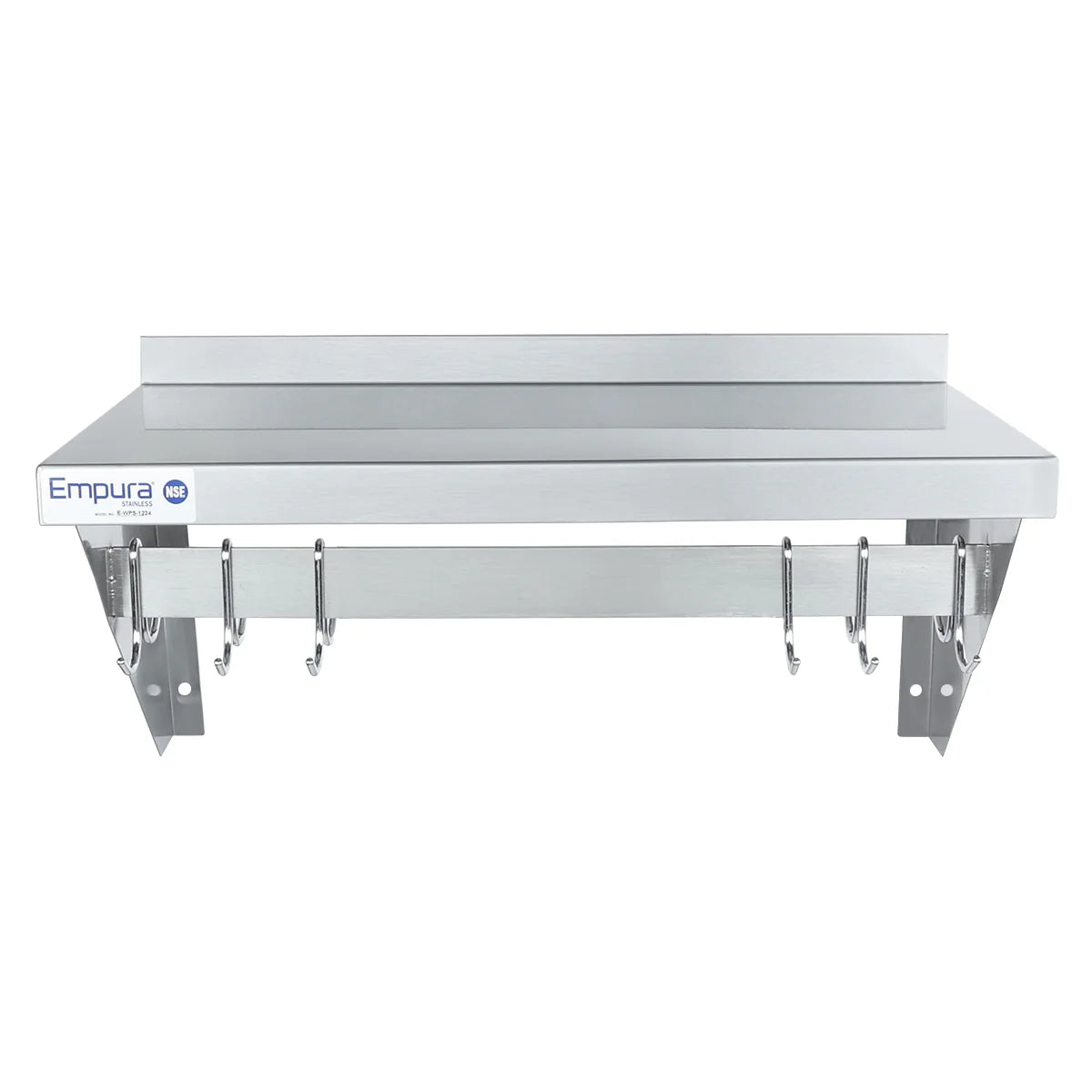 Empura Stainless E-WPS-1236 Pot Rack Wall-Mounted 36" X 12" Stainless Steel Wall Mounted Pot Rack With Shelf And 18 Gauge Galvanized Hooks