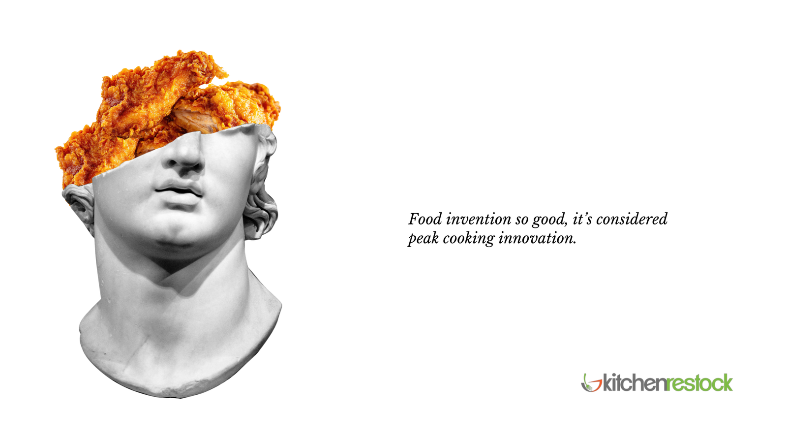 A graphic photo of a Greek bust statue with overlayed fried chicken.