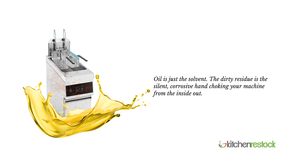A graphic photo of a commercial fryer drenched in hyperbolic cooking oil splatter.