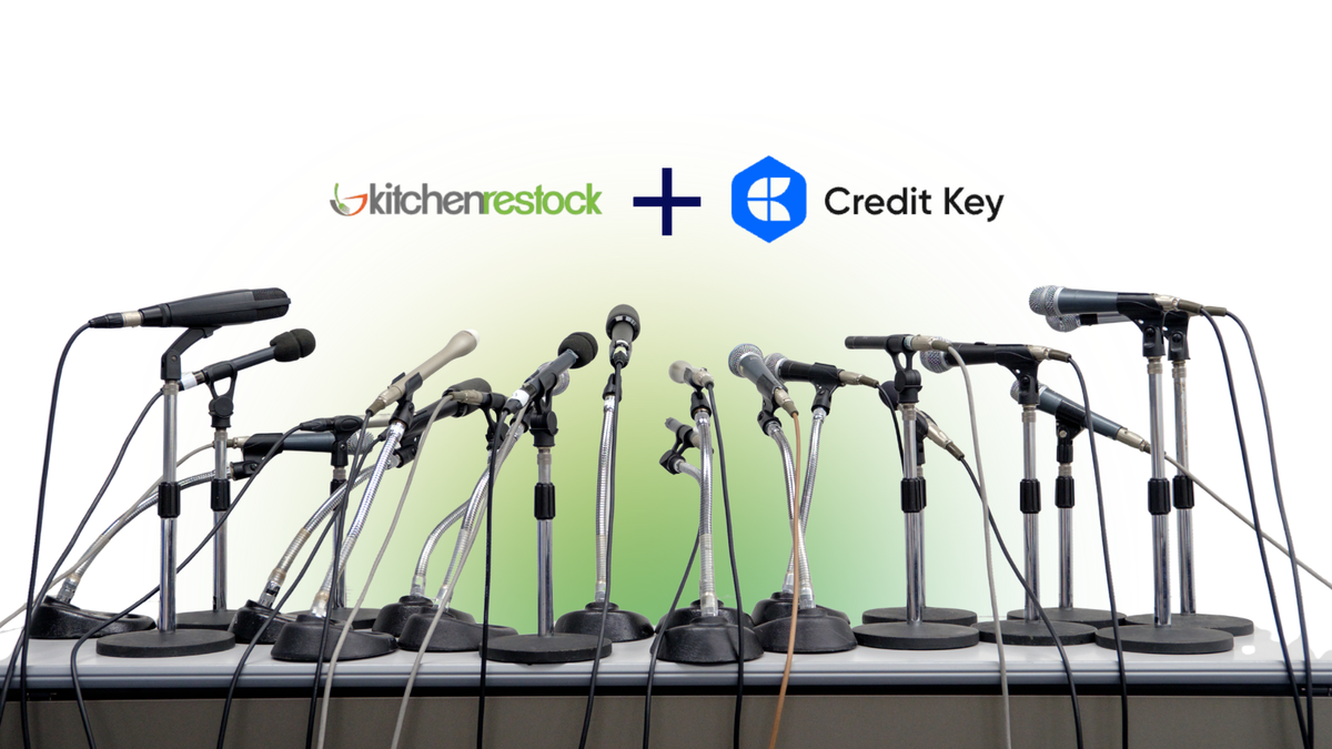 Graphic design of a PR release about KitchenRestock and Credit Key partnership for wholesale financing.