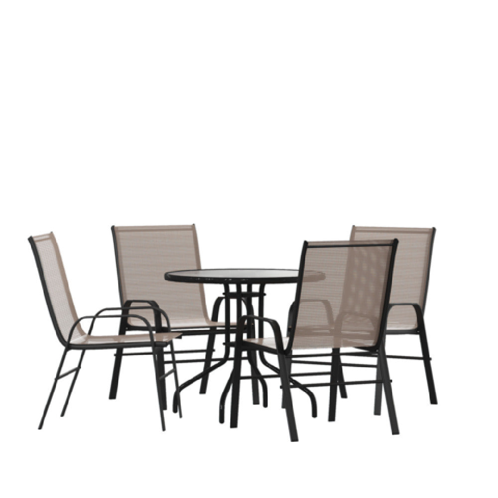 Flash Furniture TLH-0702303C-BN-GG Brazos 5 Piece Outdoor Patio Dining Set 31.5" Round Tempered Glass Patio Table