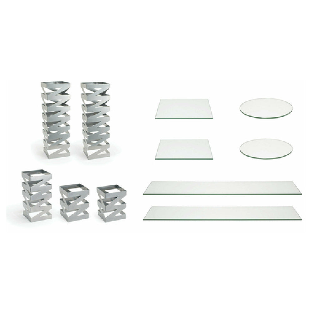 FOH BST016MUM28 Buffet Essentials Zig Zag Clear Glass On Silver Includes One BRI006BCI28 Zig Zag Risers Set Of 3 Silver