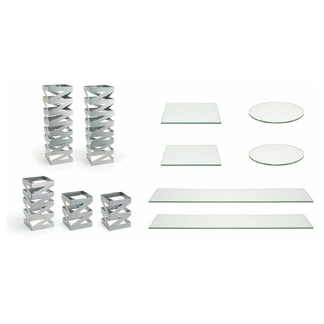 FOH BST016MUM28 Buffet Essentials Zig Zag Clear Glass On Silver Includes One BRI006BCI28 Zig Zag Risers Set Of 3 Silver