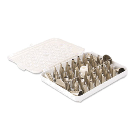 Alegacy Foodservice Products 883 Decorating Tube Set Includes: (52) Assorted Stainless Steel Tubes With Standard Coupling & Hinged Box