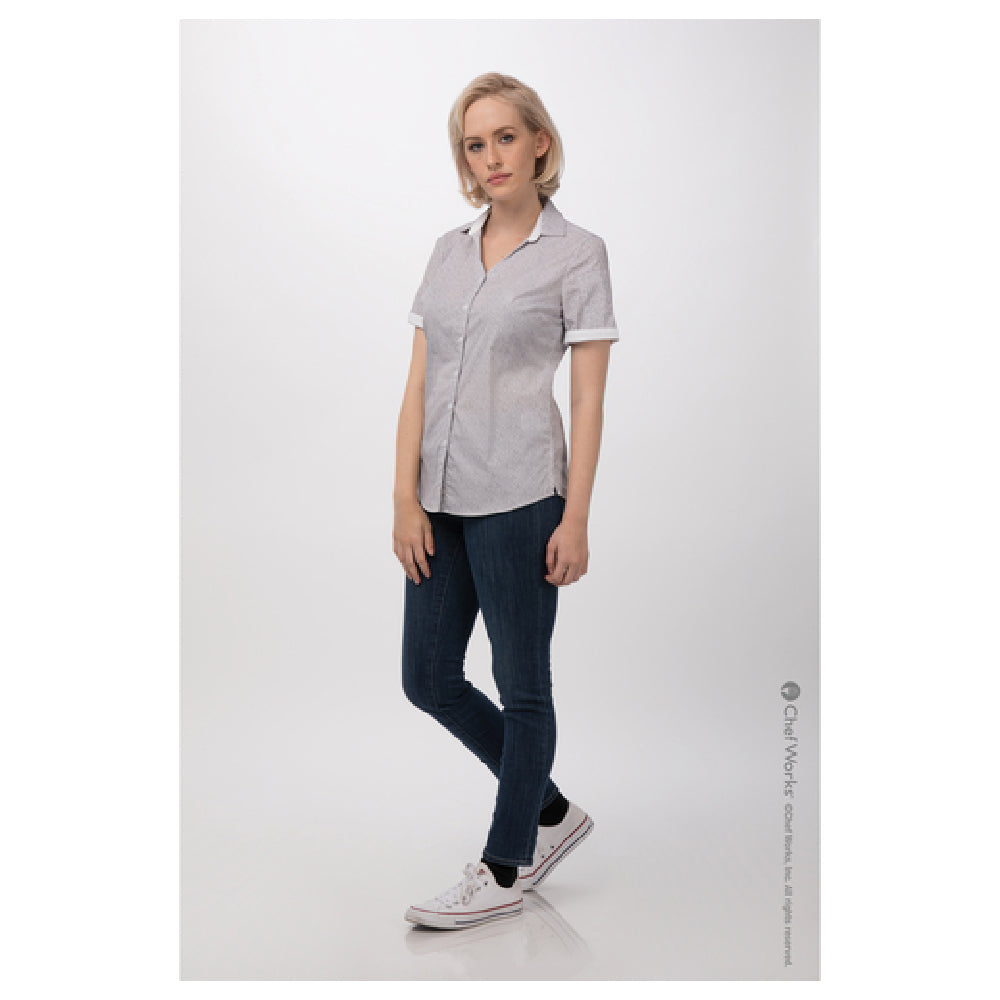 Chef Works SHC07WNATXS Women's Charleston Shirt Short Sleeves Contrast Fabric On Inner Sleeve Band & Inner Collar Band