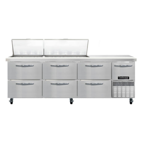 Continental Refrigerator RA93N27M-D Refrigerated Base Sandwich Unit 93"W 300 Series Stainless Steel (Mighty) Top With (27) 1/6 Size X 4" Deep Pans