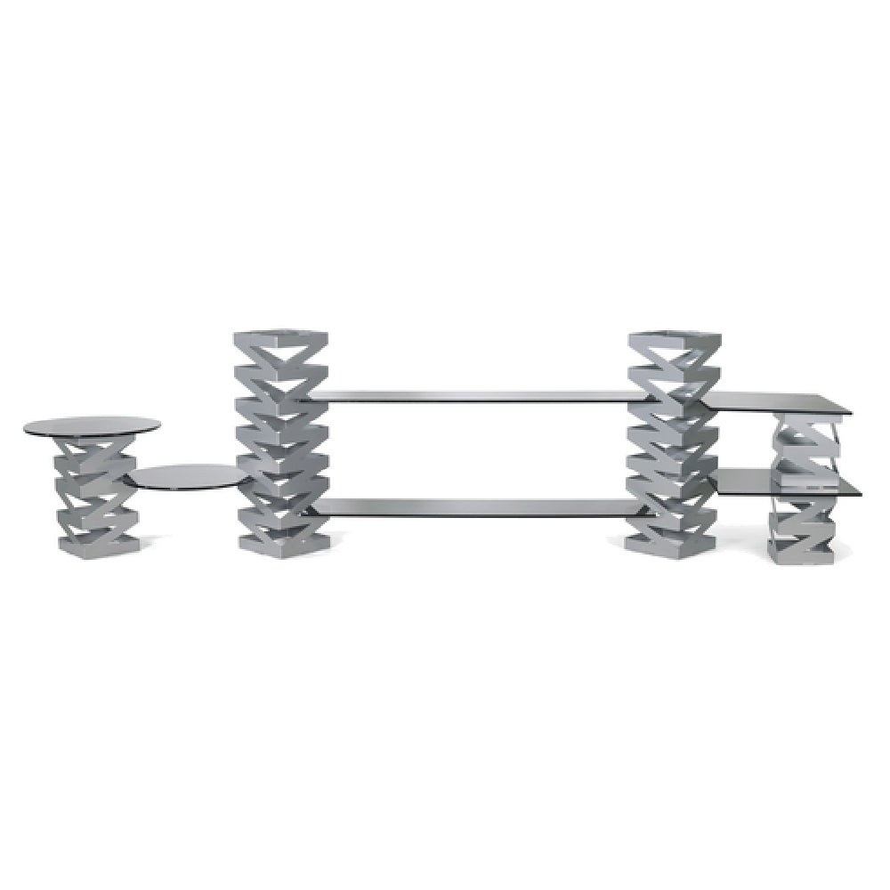 FOH BST005MUM28 Buffet Essentials Zig Zag Smoke Glass On Silver Includes One BRI007BCI28 22.5" Zig Zag Risers Set Of 2 Silver