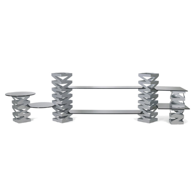 FOH BST005MUM28 Buffet Essentials Zig Zag Smoke Glass On Silver Includes One BRI007BCI28 22.5" Zig Zag Risers Set Of 2 Silver
