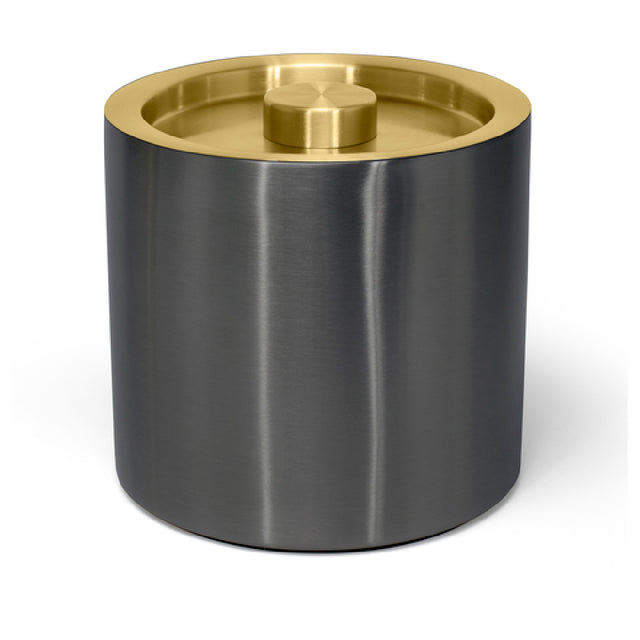 FOH RIB032BKS21 3qt Round Brushed Stainless Ice Bucket Matte Black With Matte Brass Lid