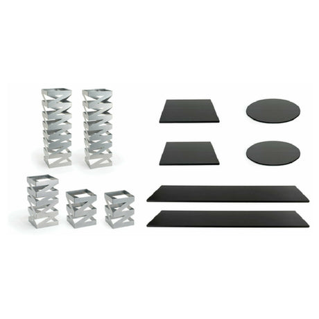 FOH BST017MUM28 Buffet Essentials Zig Zag Black Bamboo On Silver Includes One BRI006BCI28 Zig Zag Risers Set Of 3 Silver
