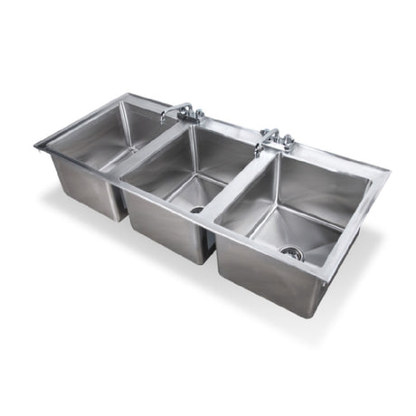 Steel Works Stainless SWDIS-3FB162012 Drop In Sink 25" X 55" X 12"H Cut Out Size 24-1/4" X 54-1/4" 3 Fabricated Bowl:16" X 20" X 1216ga/304 Stainless Steel Top