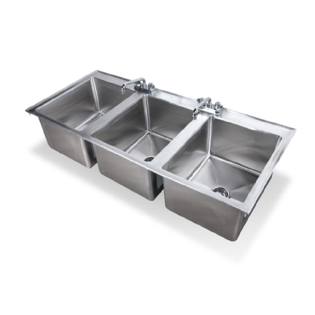 Steel Works Stainless SWDIS-3FB162012 Drop In Sink 25" X 55" X 12"H Cut Out Size 24-1/4" X 54-1/4" 3 Fabricated Bowl:16" X 20" X 1216ga/304 Stainless Steel Top