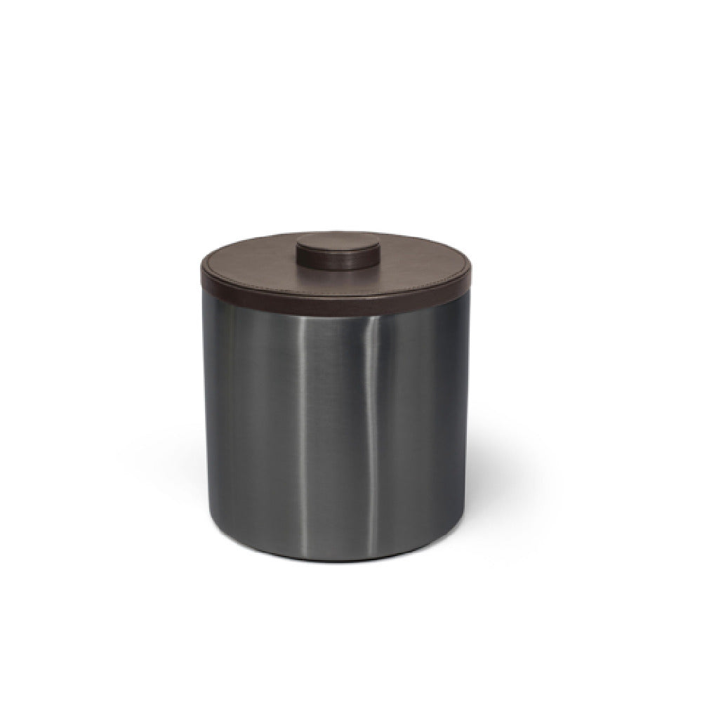 FOH RIB035BKS21 3qt Round Brushed Stainless Ice Bucket Matte Black With Brown Lid