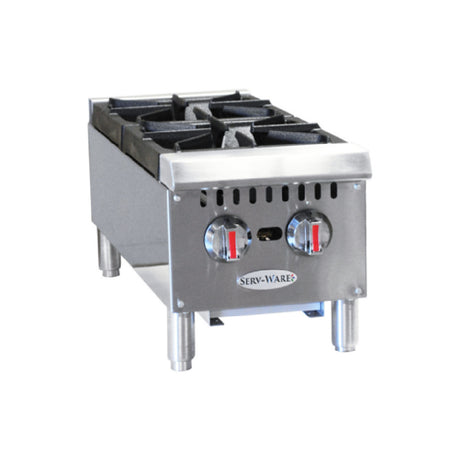 Serv-Ware SHPS-12 - Serv-Ware - Gas Cooking - 12" Two (2) Burner Hot Plate - Natural Gas - Dimensions: 12" W X 27.2" D X 11.28" H - BTU/H: 25,000 Per Burner - # Of Burners: 2 - Gas Line: 3/4 - W.C. For Natural Gas: 4 In. - W.C. For LP: 10 In. - Materials: Stainless Steel Construction With Heavy-duty Cast Iron Grates - Warranty: 1 Year