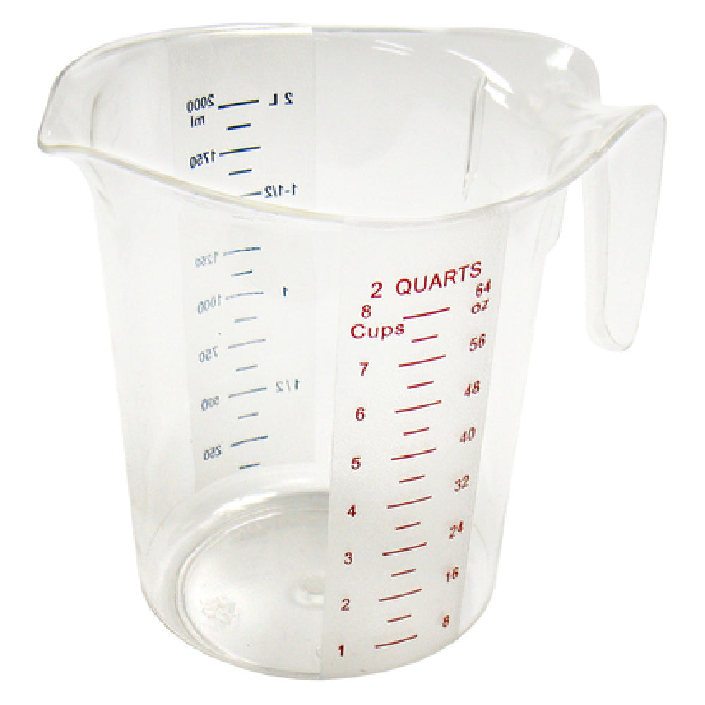 Winco PMCP-200 Measuring Cup 2 Qt. Raised External Markings In Quarts (red Letters) And Liters (blue Letters)