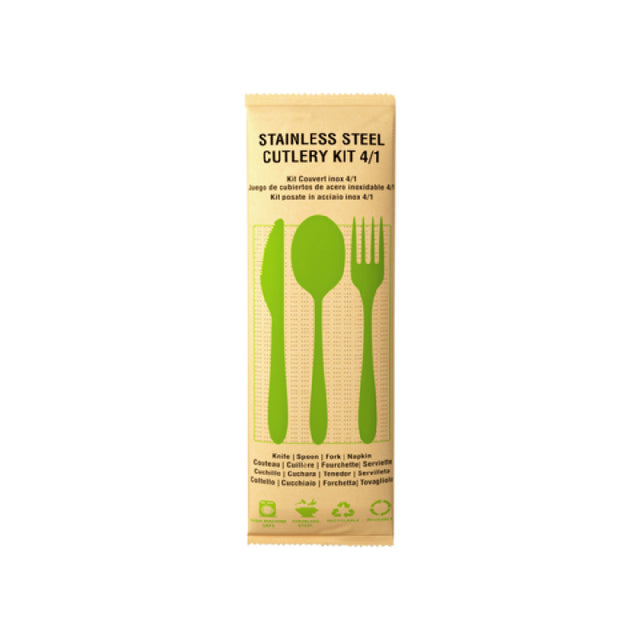 PacknWood 294KITINOX4 - Cutlery Kit With Paper Wrapped, 4/1,8-1/8", Stainless Steel