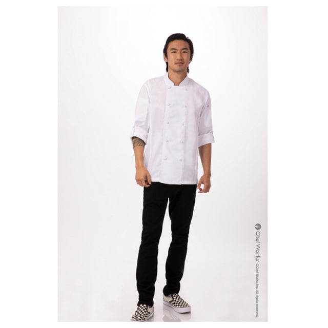 Chef Works CBC01-WHT-XS Men's Bowden Chef Coat Roll-up Long Sleeves With Button Tab