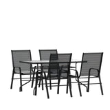 Flash Furniture TLH-089REC-303CBK4-GG Brazos 5 Piece Outdoor Patio Dining Set 55" Tempered Glass Patio Table With Umbrella Hole