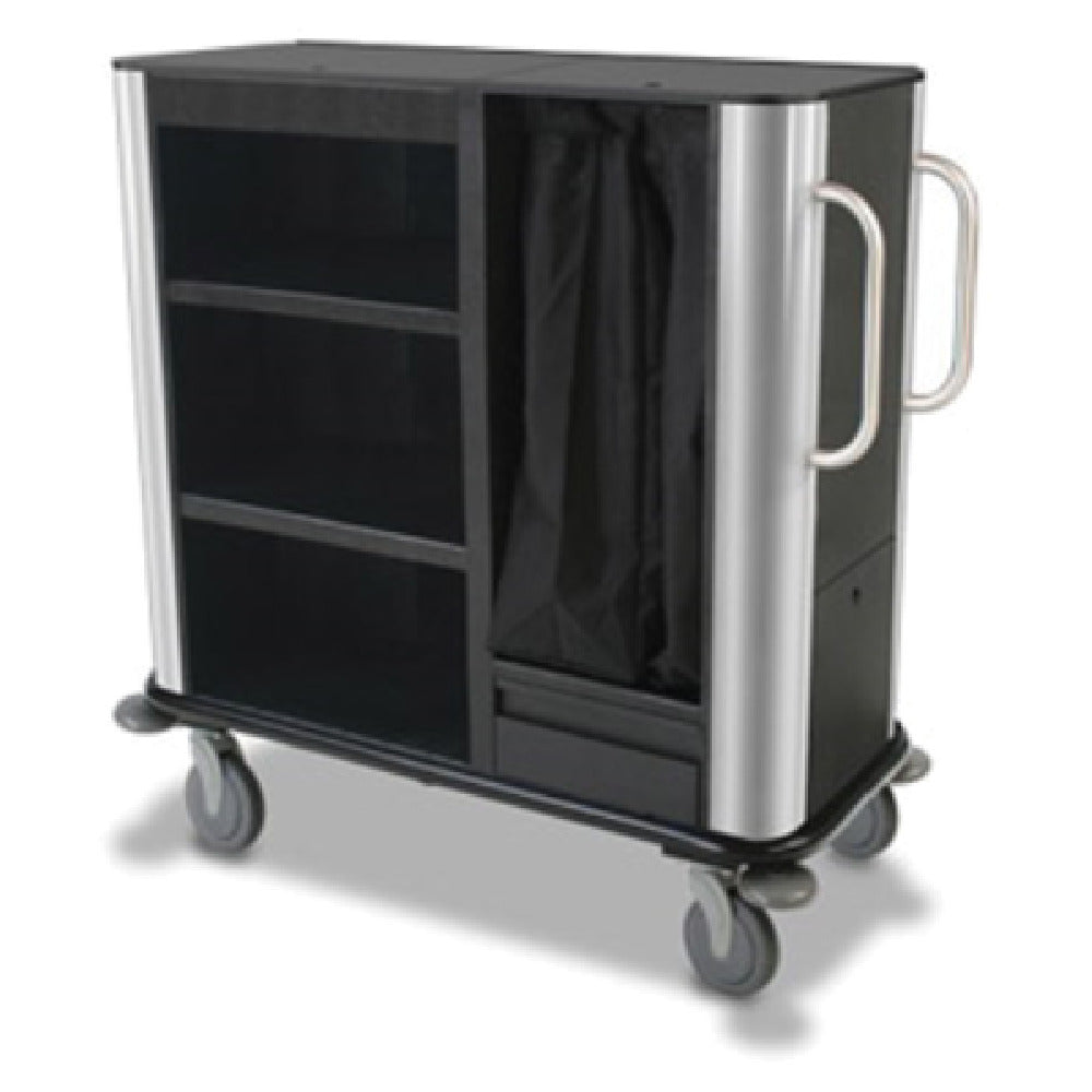 Forbes Industries 2279 Plastic Housekeeping Suite Cart Three Shelves In A 21.5”W X 51”D X 50.5”H Large Black Cabinet With Rounded Stainless Steel Corners And Vertical Handles