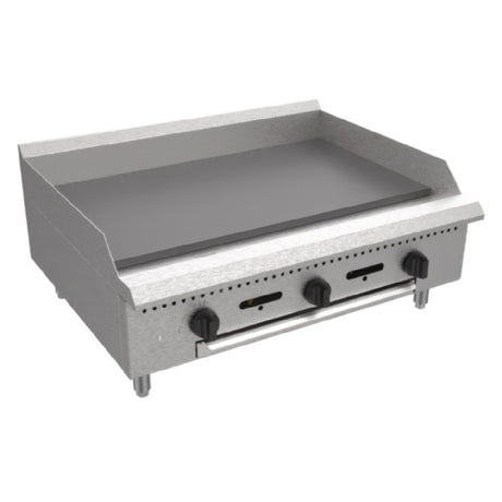Serv-Ware SMGS-36-SA - Serv-Ware - Gas Cooking - 36" Manual Griddle - Natural Gas - Dimensions: 35.98" W X 29.96" D X 16.22" H - BTU/H: 30,000 Per Burner - # Of Burners: 3 - Gas Line: 3/4 - W.C. For Natural Gas: 4 In. - W.C. For LP: 10 In. - Materials: Stainless Steel Legs