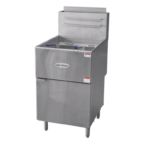 Serv-Ware SGF-70N - Serv-Ware - Gas Cooking - 75 LB Deep Fryer - Natural Gas - Dimensions: 21" W X 30.2" D X 46.5" H - Temperature Range: 200°F - 400°F - BTU/H: 30,000 Per Burner - # Of Burners: 5 - Gas Inlet: 1/2 In. - Gas Line: 3/4 - W.C. For Natural Gas: 4 In. - W.C. For LP: 10 In. - Easy Start Continuous Pilot