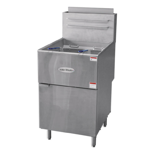 Serv-Ware SGF-70N - Serv-Ware - Gas Cooking - 75 LB Deep Fryer - Natural Gas - Dimensions: 21" W X 30.2" D X 46.5" H - Temperature Range: 200°F - 400°F - BTU/H: 30,000 Per Burner - # Of Burners: 5 - Gas Inlet: 1/2 In. - Gas Line: 3/4 - W.C. For Natural Gas: 4 In. - W.C. For LP: 10 In. - Easy Start Continuous Pilot