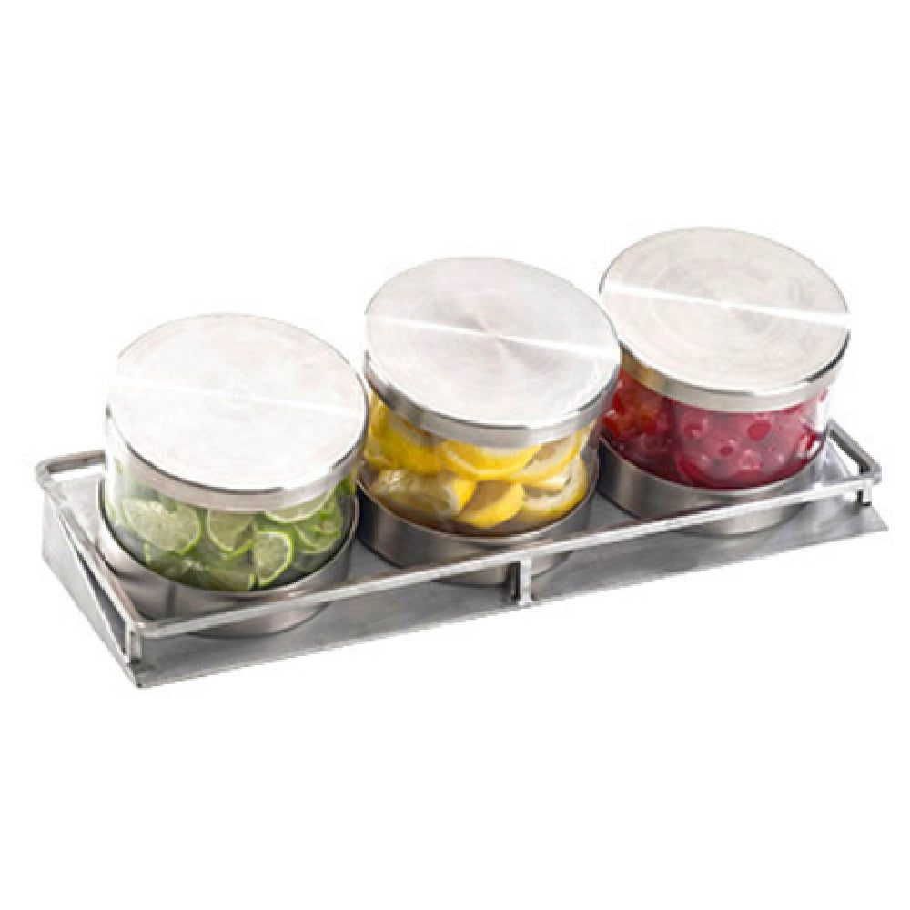 Cal Mil 1850-4-55 Cold Condiment Display 13-1/2"W X 5"D X 4-3/4"H (3) 16 Oz. Round Glass Jars With Silicone Lined Stainless Steel Solid Lids