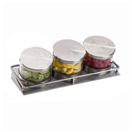 Cal Mil 1850-5-55 Cold Condiment Display 16-1/2"W X 6"D X 5-3/4"H (3) 32 Oz. Round Glass Jars With Silicone Lined Stainless Steel Solid Lids