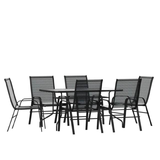 Flash Furniture TLH-089REC-303CBK6-GG Brazos 7 Piece Outdoor Patio Dining Set 55" Tempered Glass Patio Table With Umbrella Hole